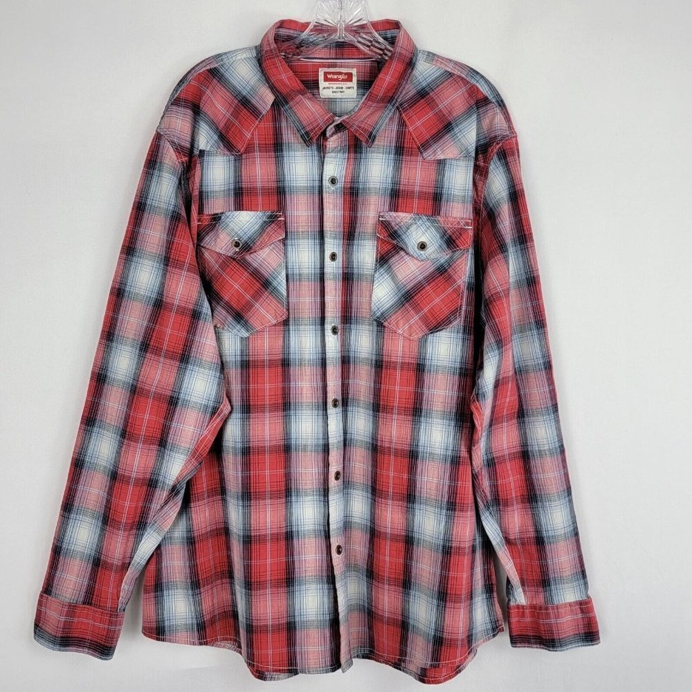 Wrangler Plaid Shirt Mens Size 2XL Red Navy Button Long Sleeve Western Cowboy